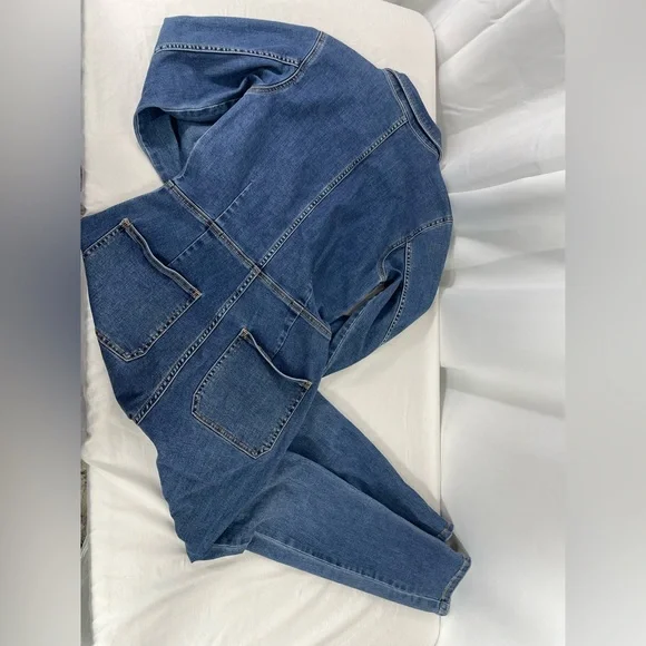 Free People Denim Jumpsuit Medium Zip Front Utility Coverall Blue Long Sleeve - Picture 3 of 16